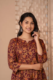 Women Burgundy Gold Printed Floral Print Tiare Dress