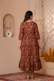 Women Burgundy Gold Printed Floral Print Tiare Dress