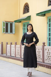 Women Black Doby Straight Kurta with three quarter sleeves