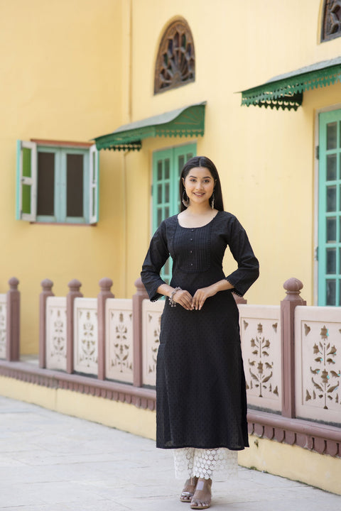 Women Black Doby Straight Kurta with three quarter sleeves