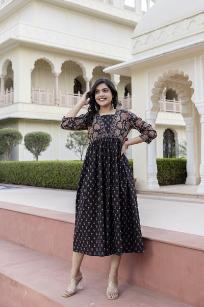 Women Black Ethnic Printed Flared Dress
