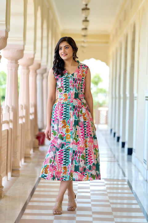 Women Multi colure Printed Sleeveless A-Line Dress