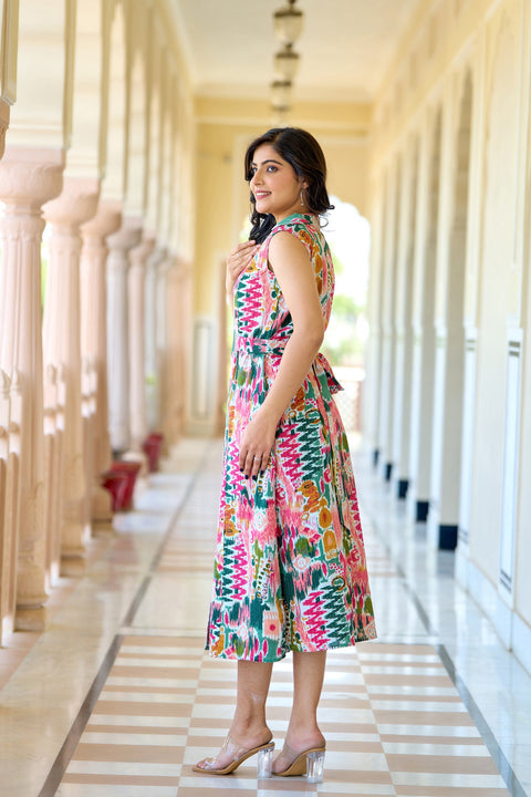 Women Multi colure Printed Sleeveless A-Line Dress