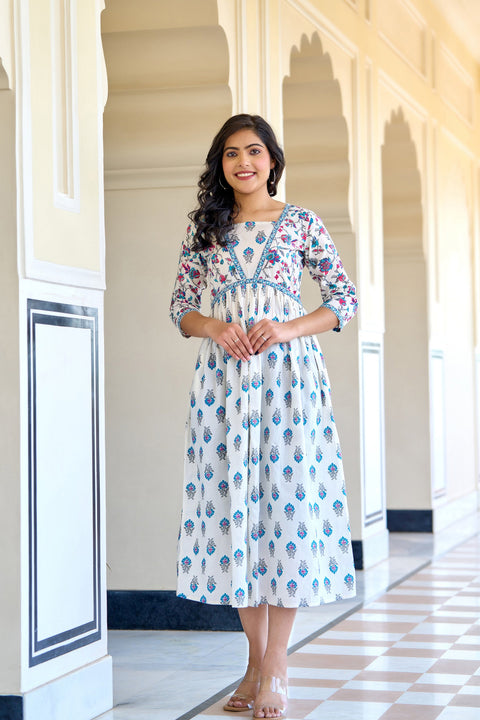 Women White Printed Flared Dress