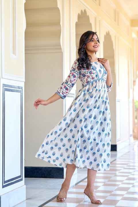 Women White Printed Flared Dress