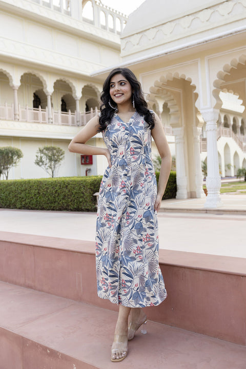 Women Off White Abstract Printed Sleeveless Midi Dress