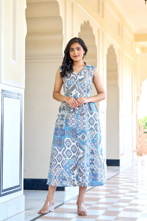 Women Off White Abstract Printed Sleeveless Midi Dress