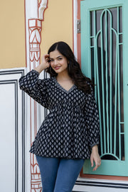 Women Black Printed V-Neck Peplum Top