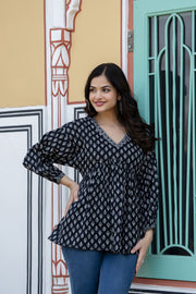 Women Black Printed V-Neck Peplum Top