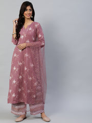 Women Pink Straight Kurta With Plazo & Sequened Dupatta