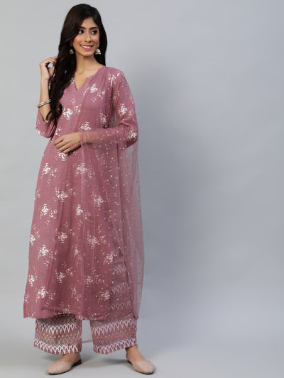 Women Pink Straight Kurta With Plazo & Sequened Dupatta