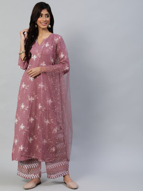Women Pink Straight Kurta With Plazo & Sequened Dupatta