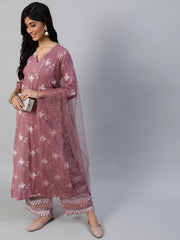 Women Pink Straight Kurta With Plazo & Sequened Dupatta