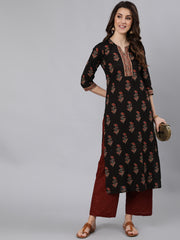 Women Black Ethnic Printed Straight Kurta