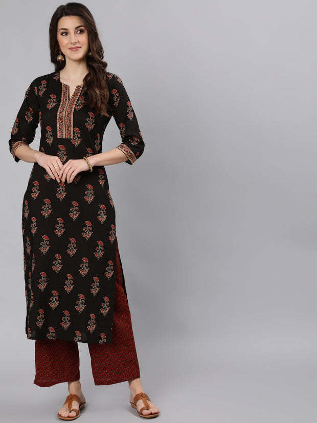 Women Black Ethnic Printed Straight Kurta