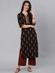 Women Black Ethnic Printed Straight Kurta