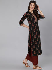 Women Black Ethnic Printed Straight Kurta
