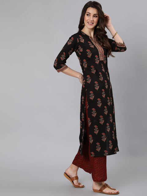 Women Black Ethnic Printed Straight Kurta