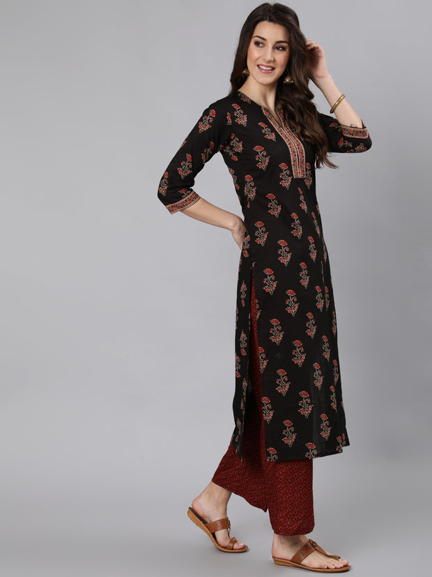 Women Black Ethnic Printed Straight Kurta