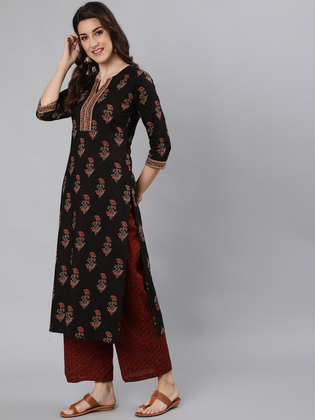 Women Black Ethnic Printed Straight Kurta