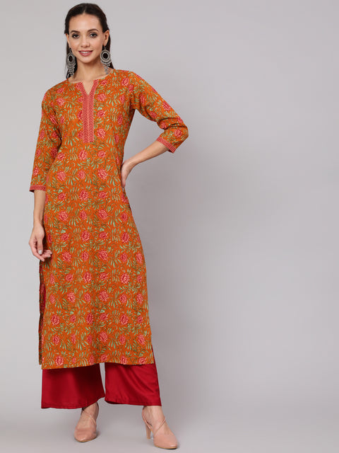 Women Mustard Floral Printed Straight Kurta With Three Quarter Sleeves