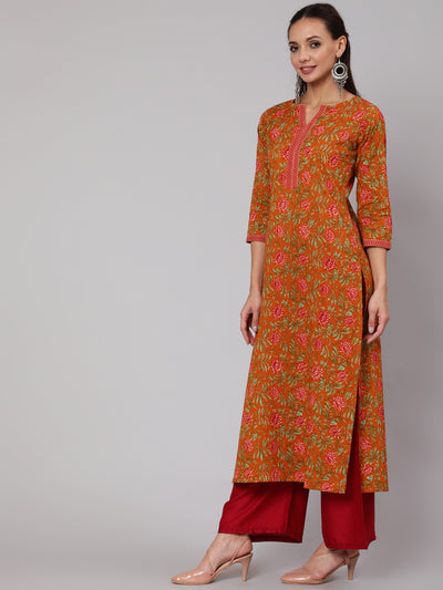 Women Mustard Floral Printed Straight Kurta With Three Quarter Sleeves
