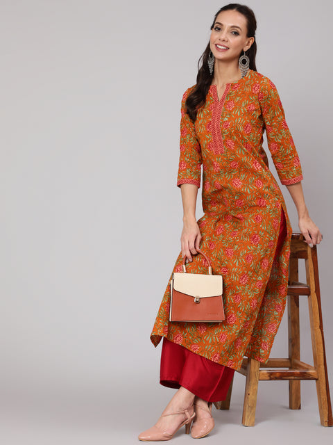 Women Mustard Floral Printed Straight Kurta With Three Quarter Sleeves