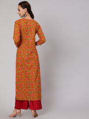 Women Mustard Floral Printed Straight Kurta With Three Quarter Sleeves
