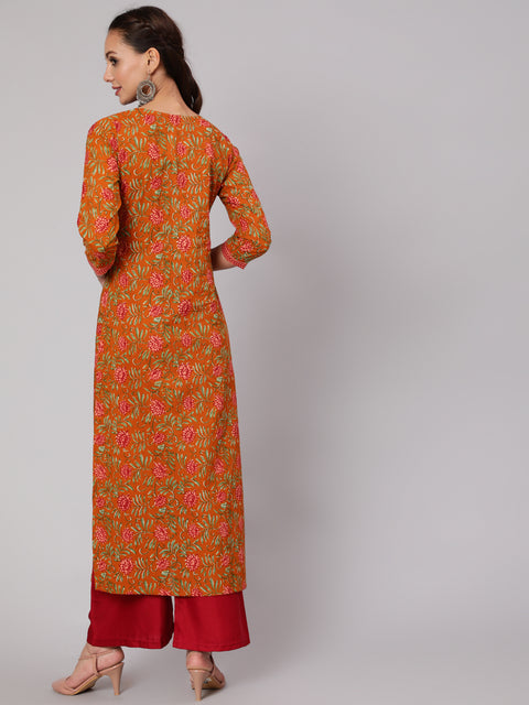 Women Mustard Floral Printed Straight Kurta With Three Quarter Sleeves