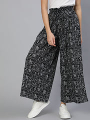 Women Black Printed Wide Legged Printed Plazo With Side Pockets