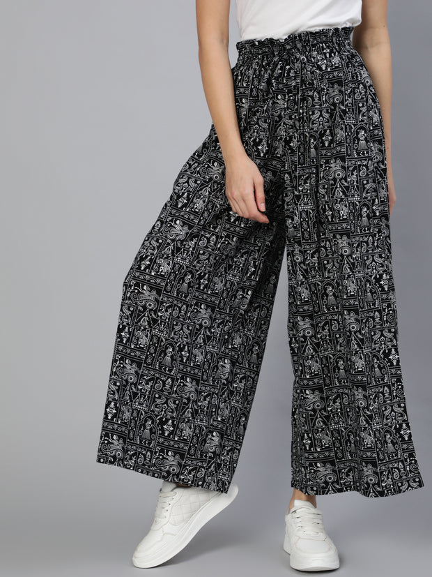 Women Black Printed Wide Legged Printed Plazo With Side Pockets