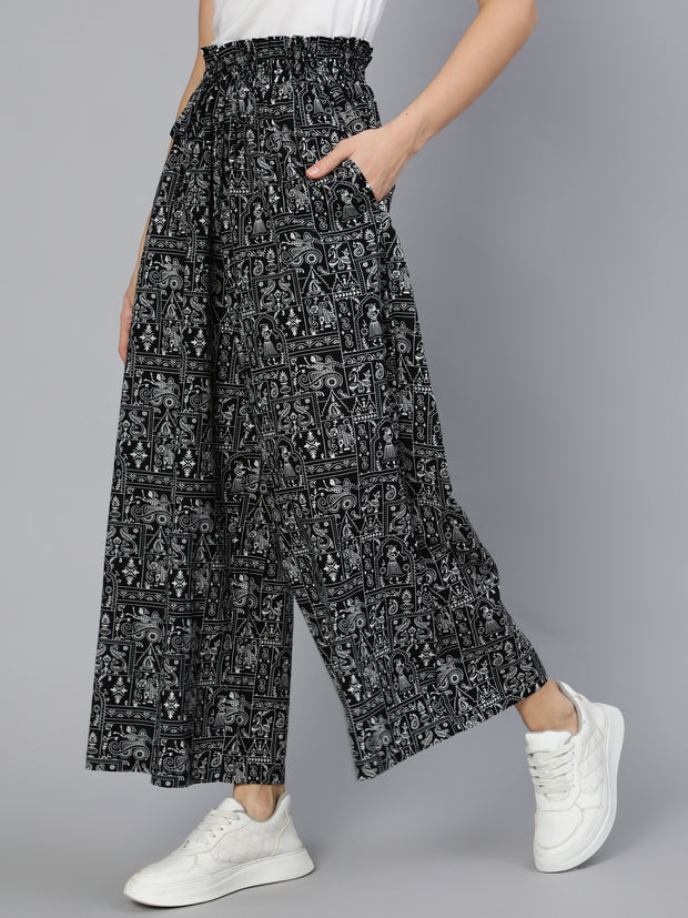 Women Black Printed Wide Legged Printed Plazo With Side Pockets
