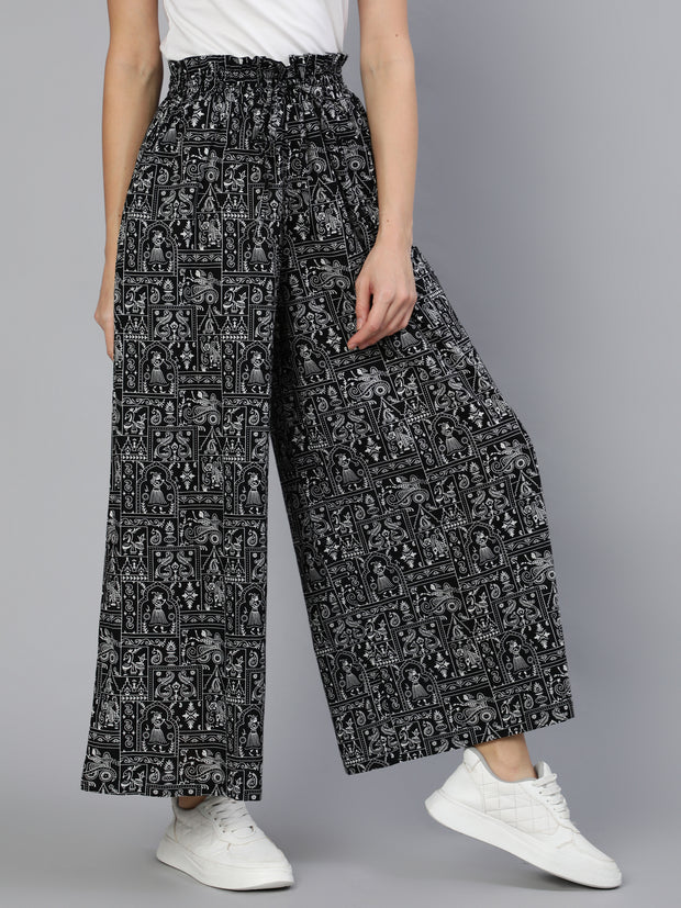 Women Black Printed Wide Legged Printed Plazo With Side Pockets
