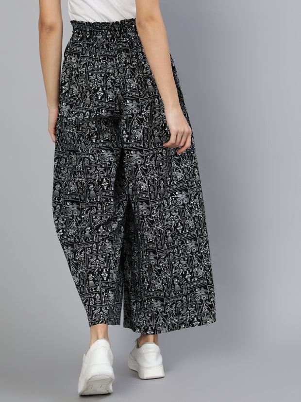 Women Black Printed Wide Legged Printed Plazo With Side Pockets