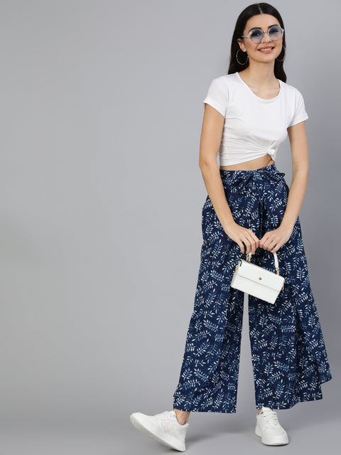 Women Blue Printed Plazo With Side Pockets