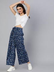 Women Blue Printed Plazo With Side Pockets