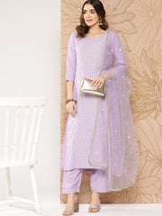 Women Lavender Embroidered Straight Kurta With Palazzo & Dupatta