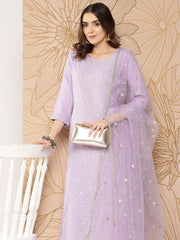 Women Lavender Embroidered Straight Kurta With Palazzo & Dupatta
