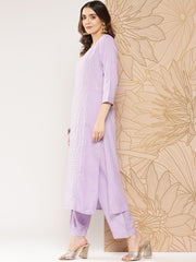 Women Lavender Embroidered Straight Kurta With Palazzo & Dupatta