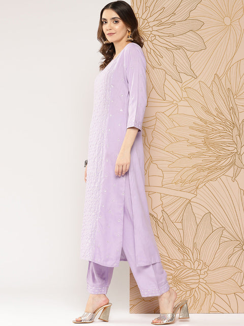 Women Lavender Embroidered Straight Kurta With Palazzo & Dupatta
