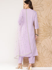 Women Lavender Embroidered Straight Kurta With Palazzo & Dupatta