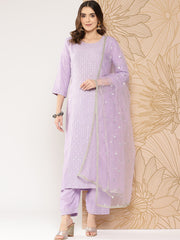 Women Lavender Embroidered Straight Kurta With Palazzo & Dupatta