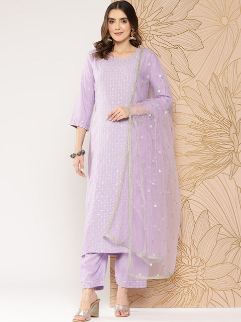Women Lavender Embroidered Straight Kurta With Palazzo & Dupatta