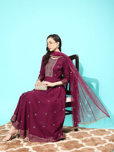 Women Burgundy Embroidered Kurta With Trouser And Net Dupatta