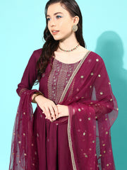 Women Burgundy Embroidered Kurta With Trouser And Net Dupatta
