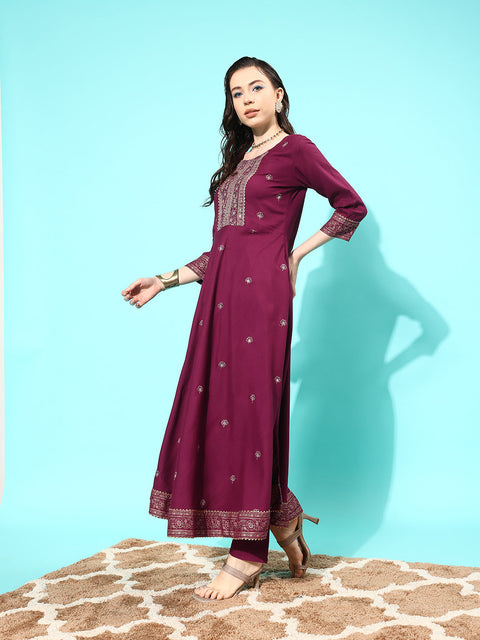 Women Burgundy Embroidered Kurta With Trouser And Net Dupatta