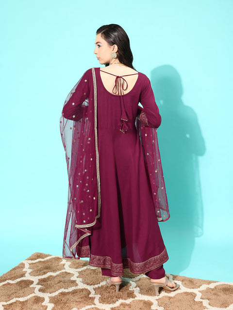 Women Burgundy Embroidered Kurta With Trouser And Net Dupatta