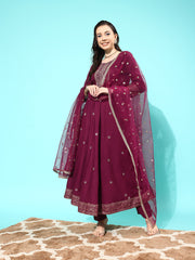 Women Burgundy Embroidered Kurta With Trouser And Net Dupatta