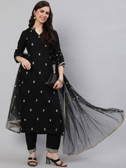 Women Black Embroidered Straight Kurta With Trouser And Net Dupatta