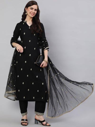 Women Black Embroidered Straight Kurta With Trouser And Net Dupatta